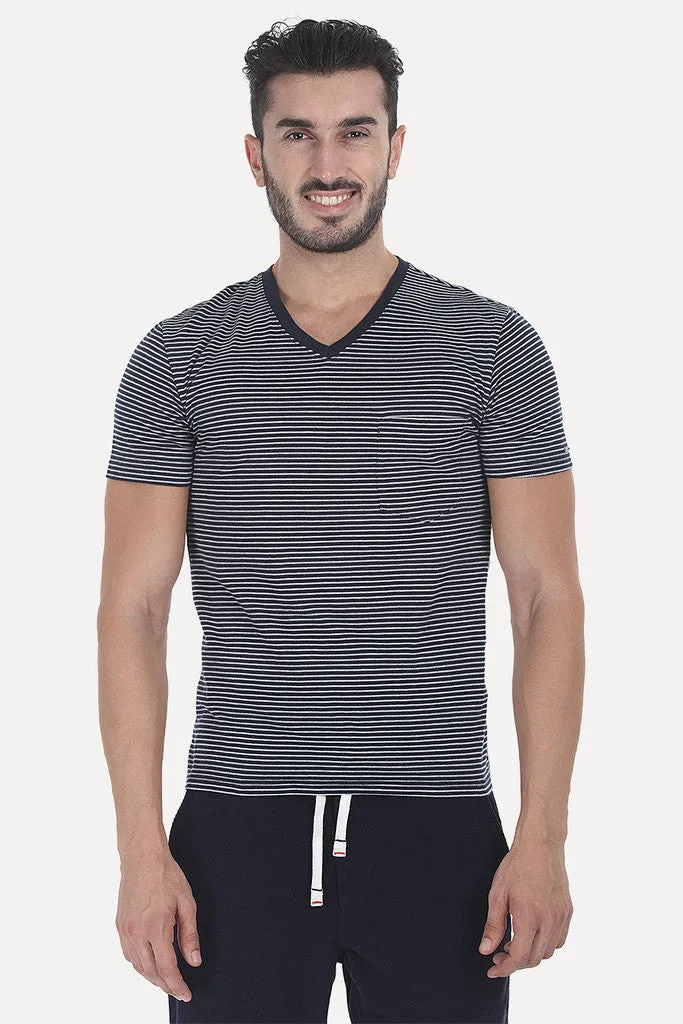Striped Cotton Melange Knit V Neck Tee