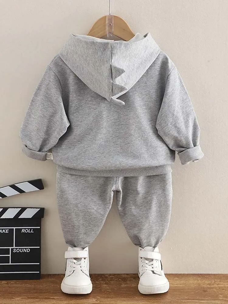 T Rex Zip Mouth and Spikes Dinosaur Hoodie & Joggers - 2 Piece Outfit - Grey 9m to 4Y