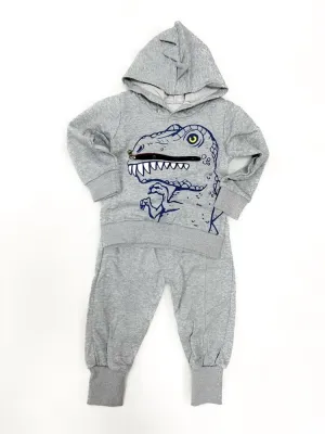 T Rex Zip Mouth and Spikes Dinosaur Hoodie & Joggers - 2 Piece Outfit - Grey 9m to 4Y