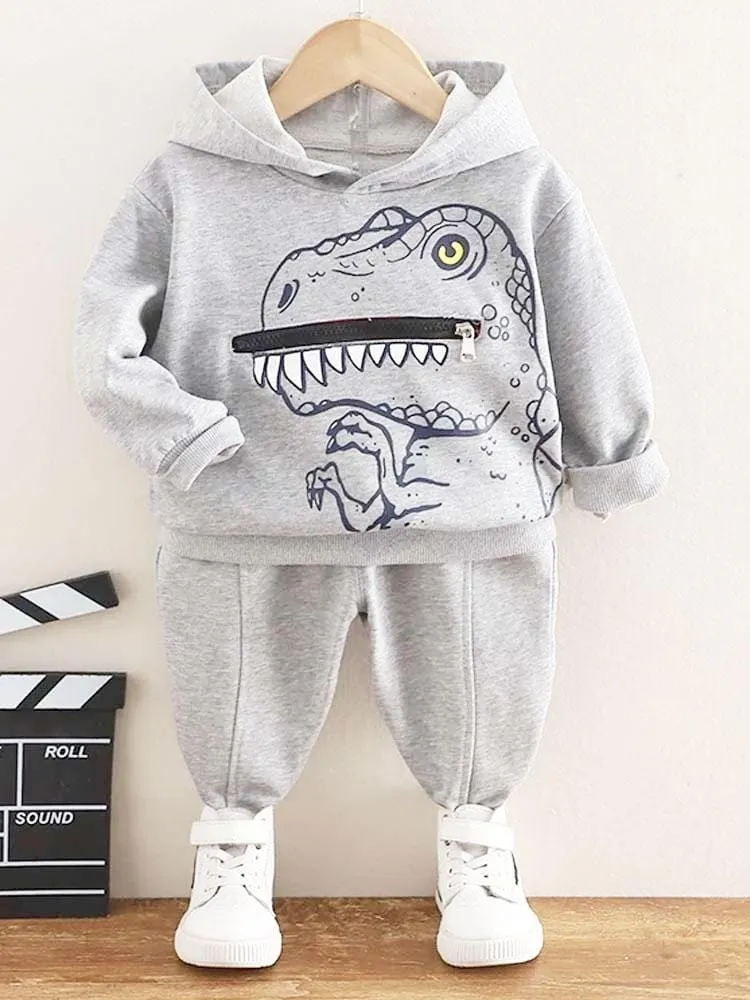 T Rex Zip Mouth and Spikes Dinosaur Hoodie & Joggers - 2 Piece Outfit - Grey 9m to 4Y