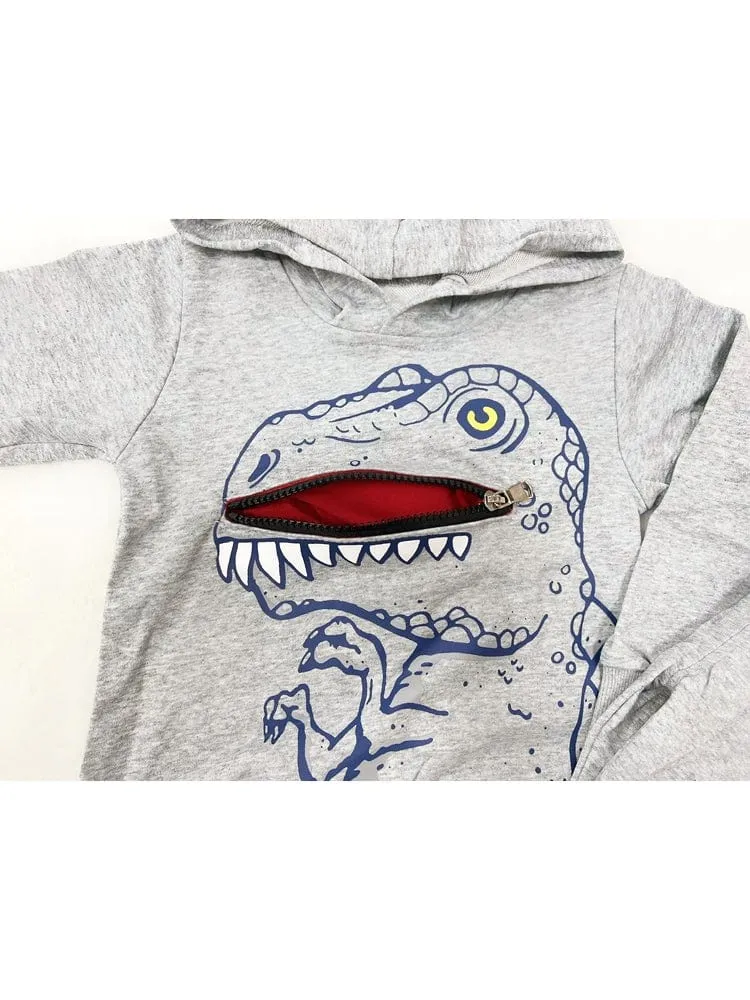T Rex Zip Mouth and Spikes Dinosaur Hoodie & Joggers - 2 Piece Outfit - Grey 9m to 4Y