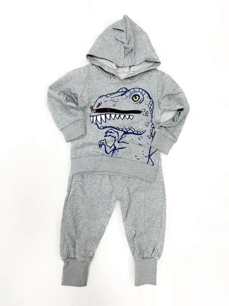T Rex Zip Mouth and Spikes Dinosaur Hoodie & Joggers - 2 Piece Outfit - Grey 9m to 4Y