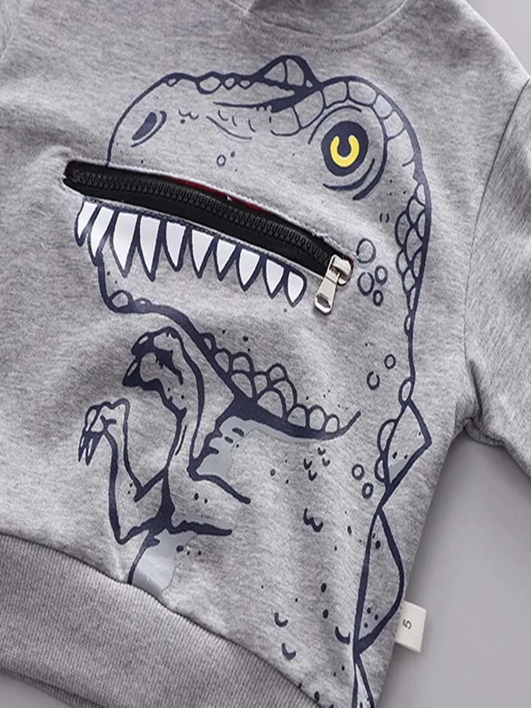 T Rex Zip Mouth and Spikes Dinosaur Hoodie & Joggers - 2 Piece Outfit - Grey 9m to 4Y
