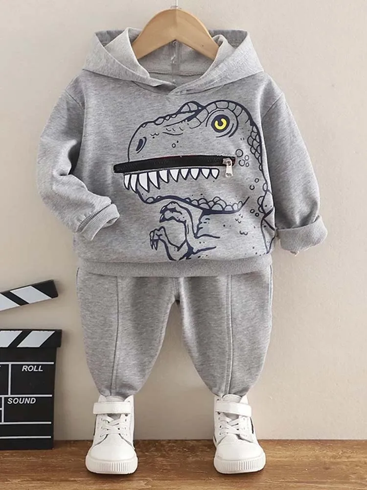 T Rex Zip Mouth and Spikes Dinosaur Hoodie & Joggers - 2 Piece Outfit - Grey 9m to 4Y
