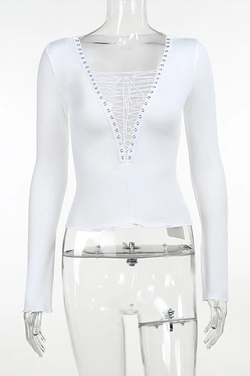 TH787 Lace Up V neck Shirt