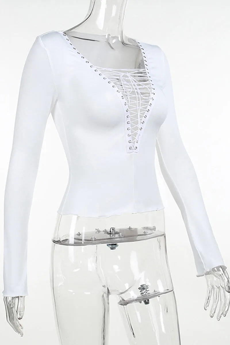 TH787 Lace Up V neck Shirt
