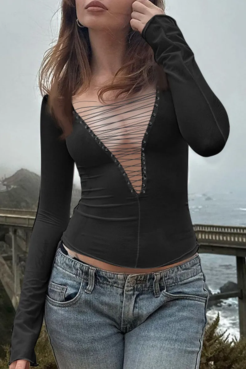 TH787 Lace Up V neck Shirt