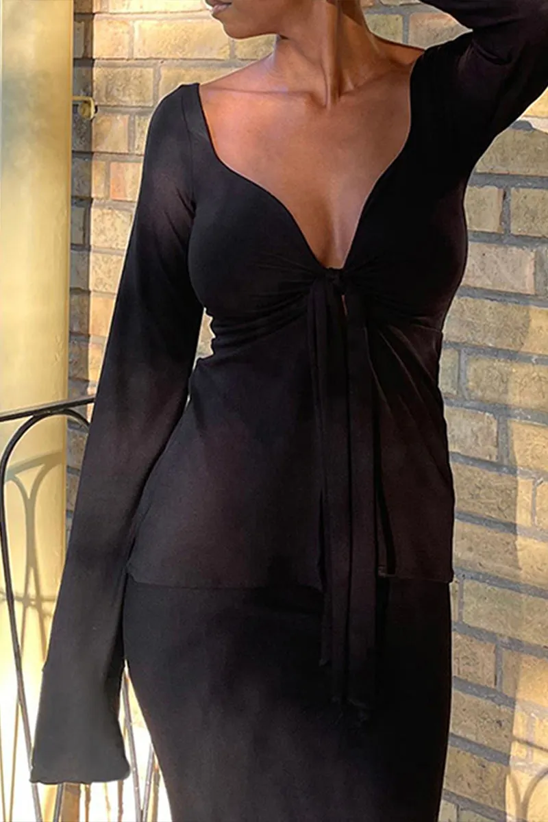 TS3538 Front Tie Long Sleeve Shirt Top