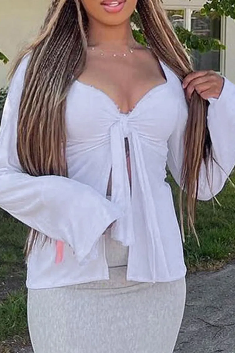 TS3538 Front Tie Long Sleeve Shirt Top