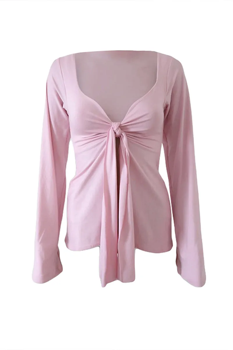TS3538 Front Tie Long Sleeve Shirt Top