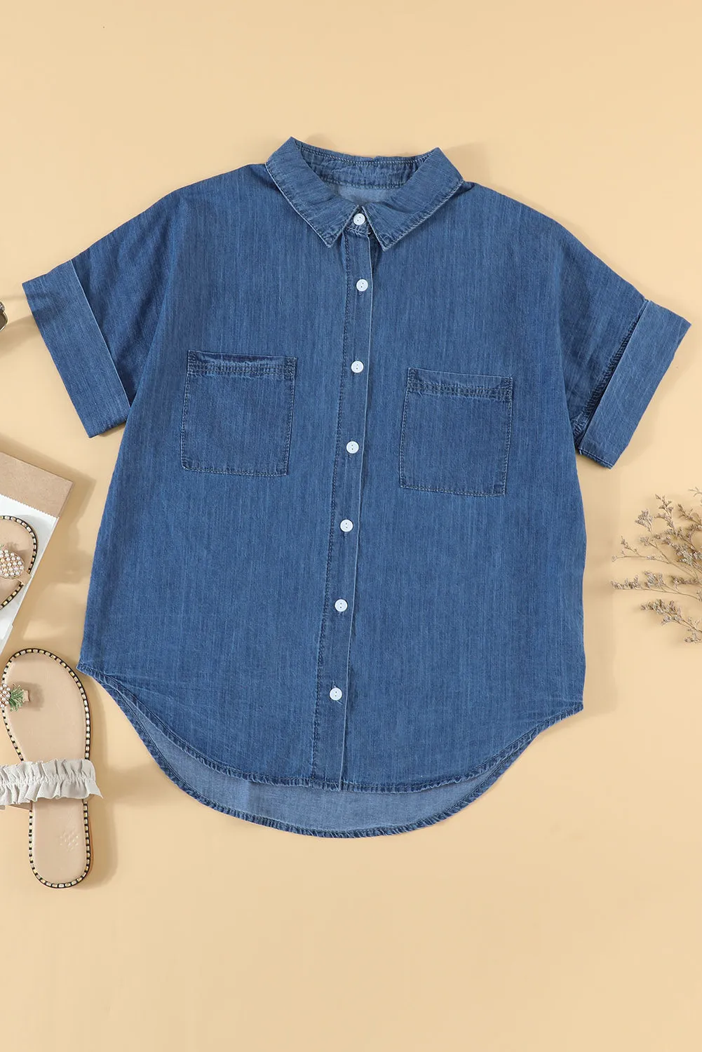 Turn-down Collar Short Sleeve Denim Shirt