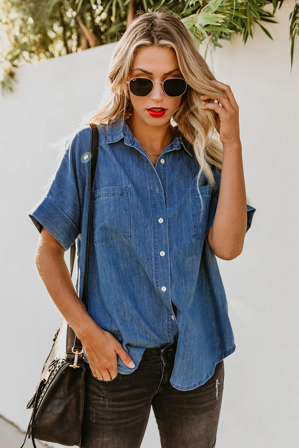 Turn-down Collar Short Sleeve Denim Shirt
