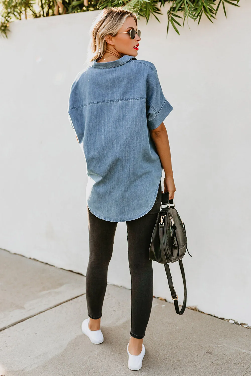 Turn-down Collar Short Sleeve Denim Shirt