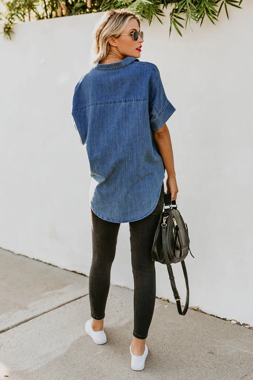 Turn-down Collar Short Sleeve Denim Shirt