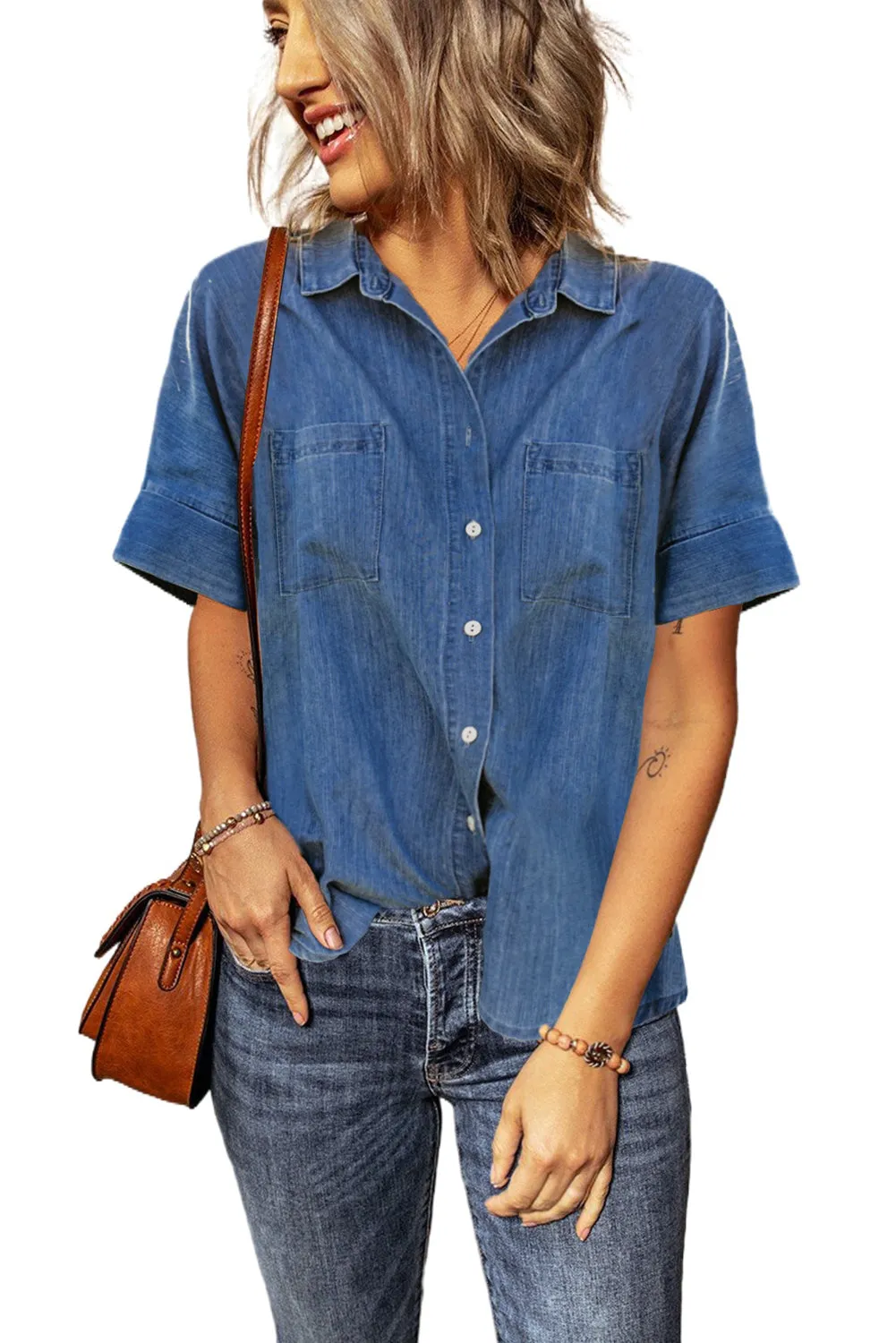 Turn-down Collar Short Sleeve Denim Shirt