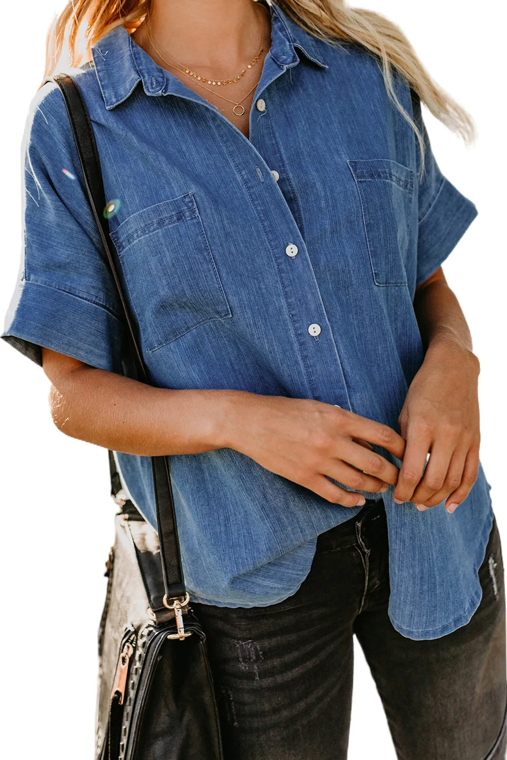 Turn-down Collar Short Sleeve Denim Shirt