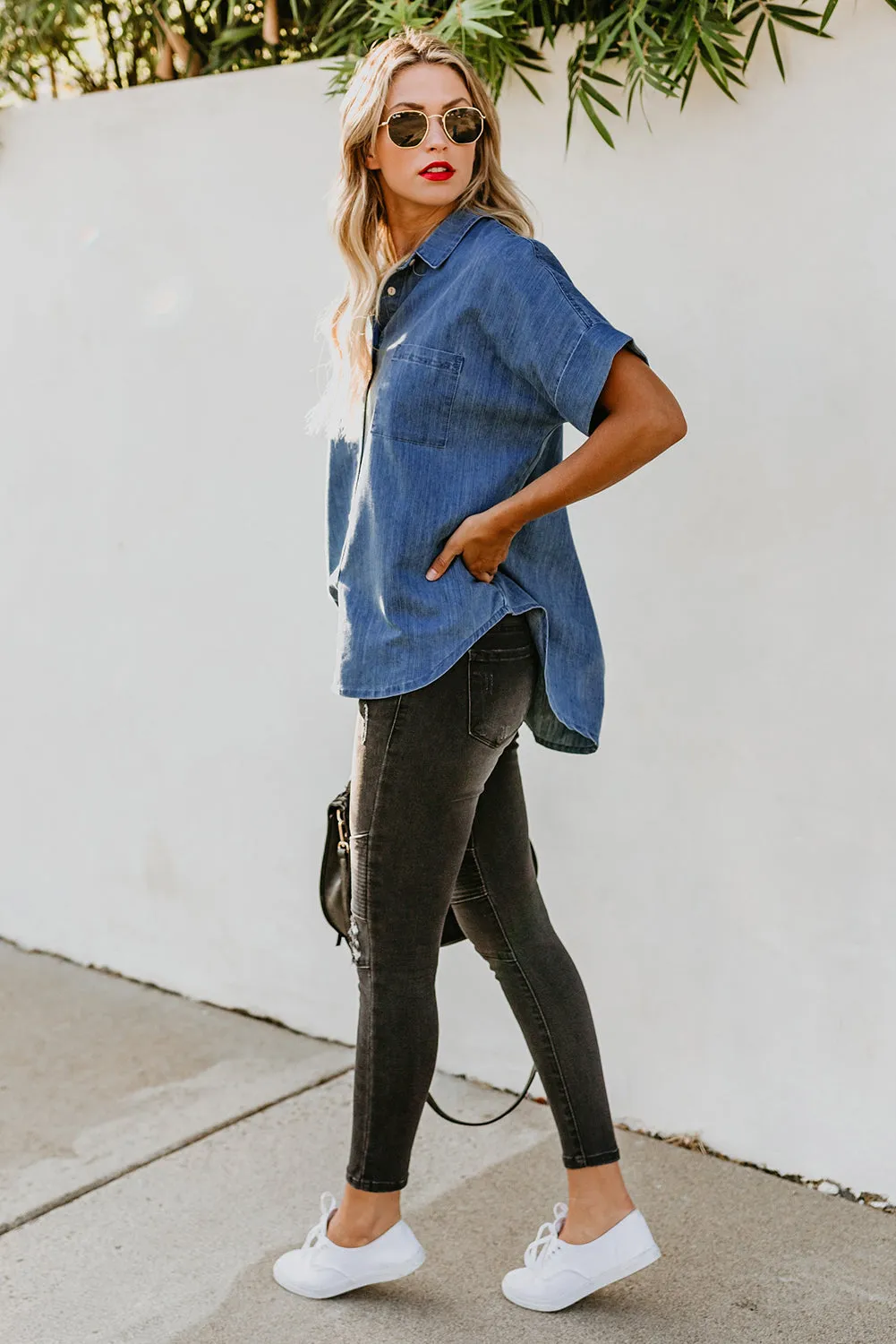 Turn-down Collar Short Sleeve Denim Shirt