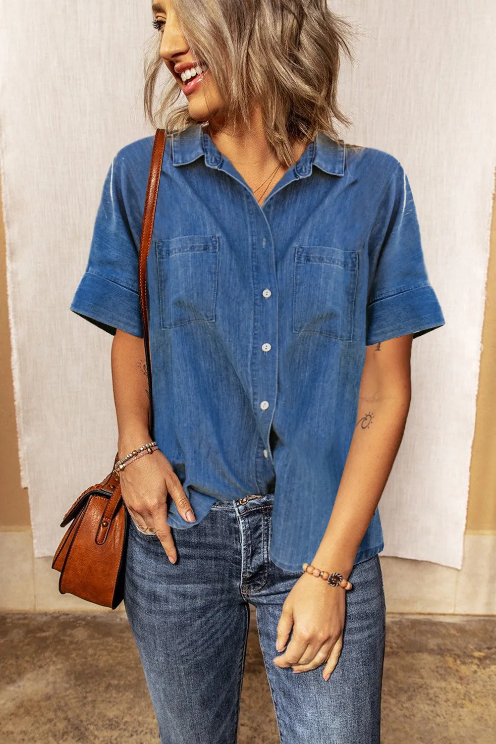Turn-down Collar Short Sleeve Denim Shirt