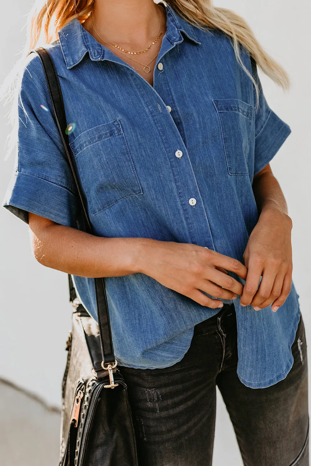 Turn-down Collar Short Sleeve Denim Shirt
