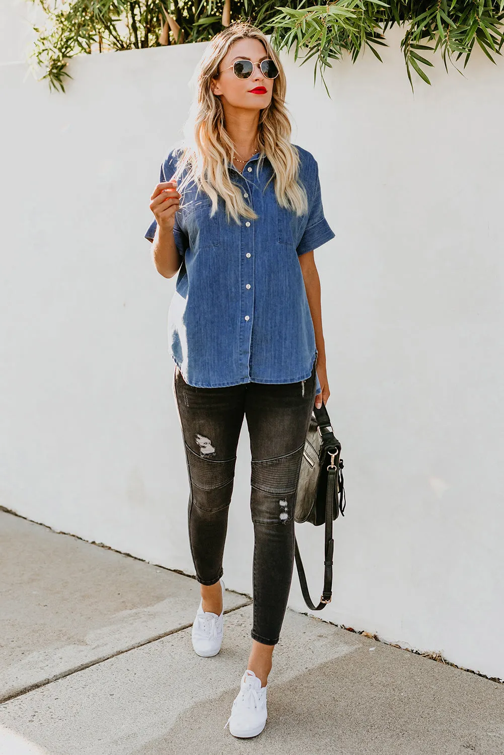 Turn-down Collar Short Sleeve Denim Shirt
