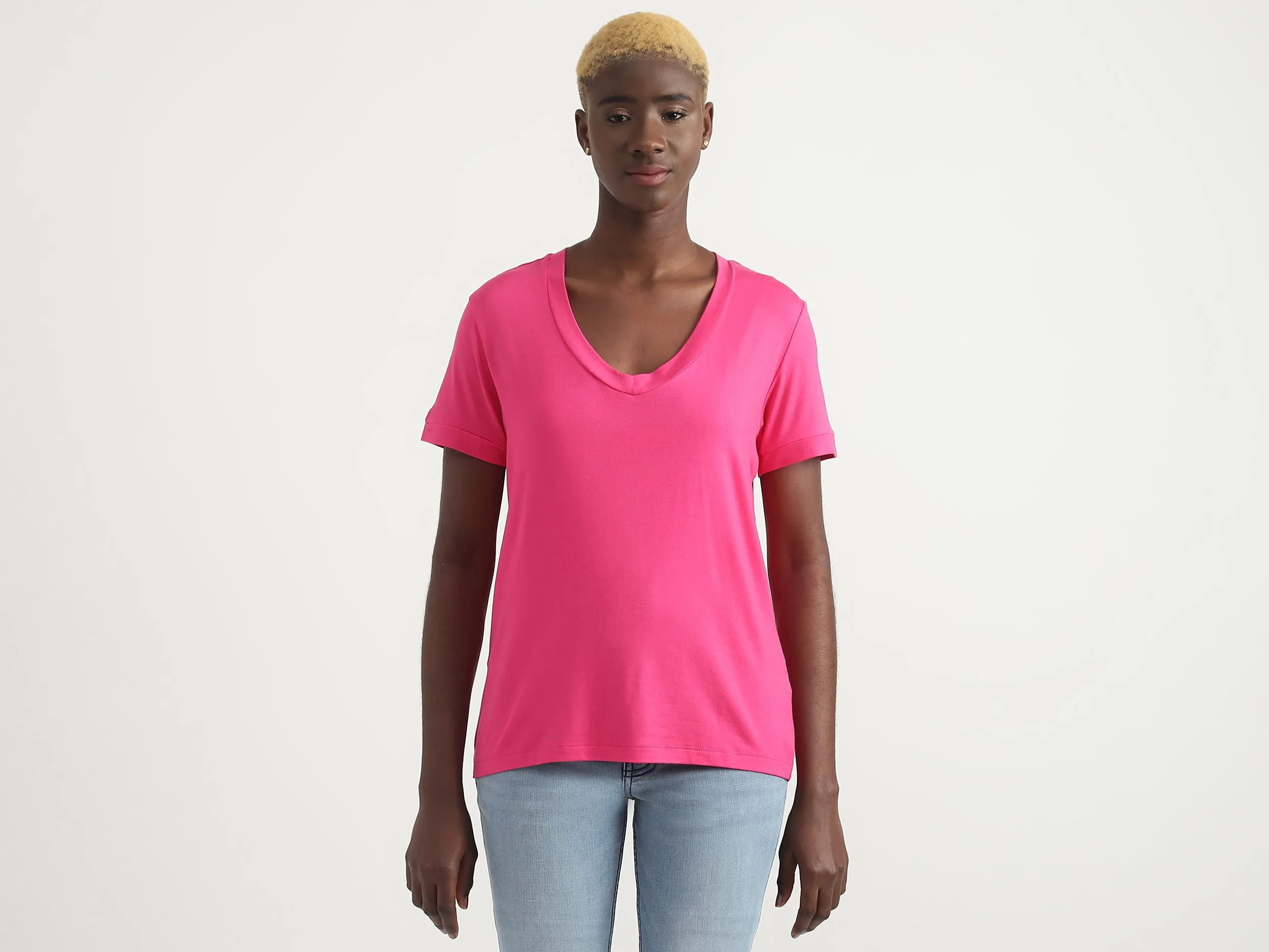 Viscose Blend Solid V-Neck Women T-shirts