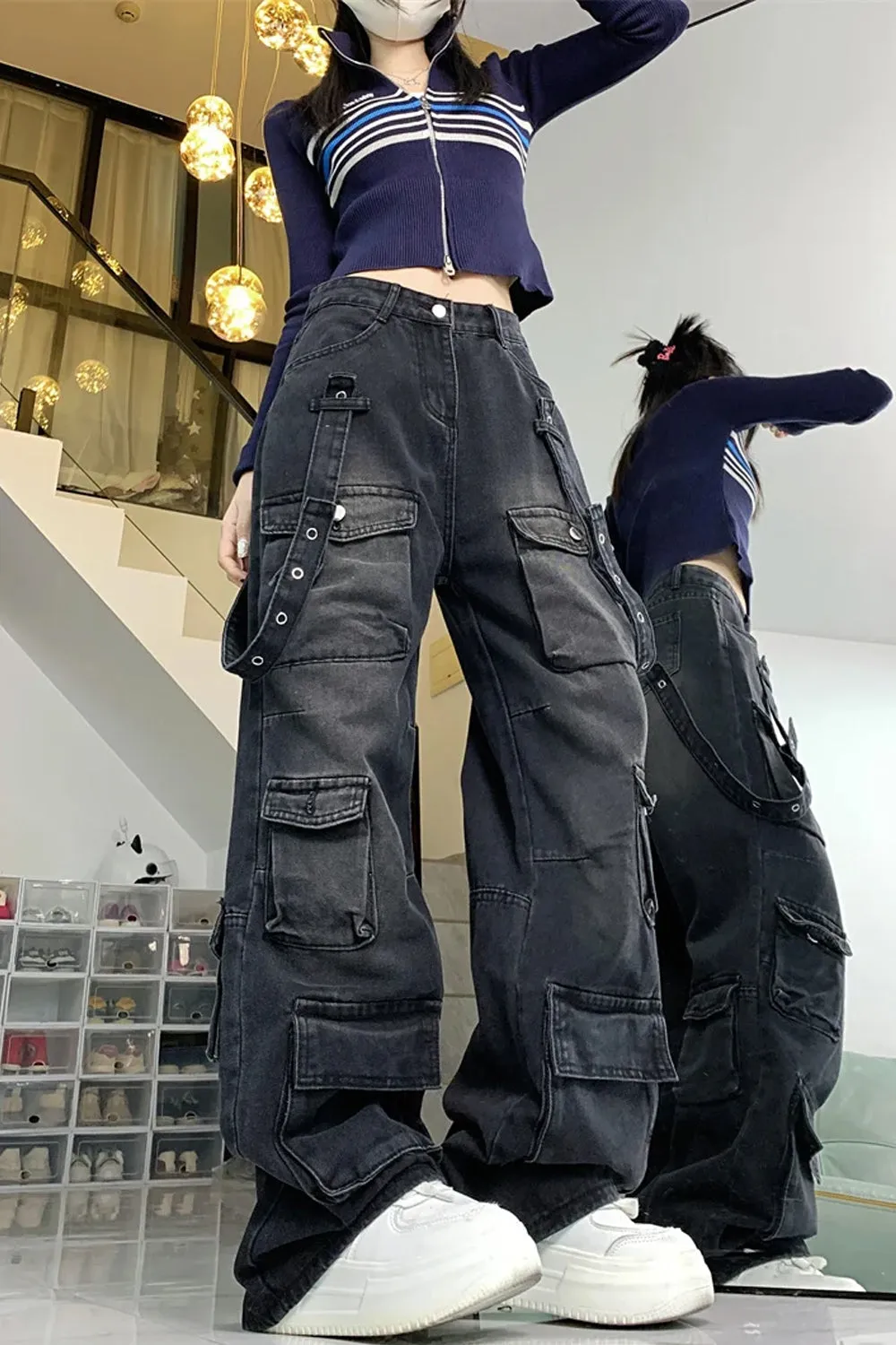 Washed Black Cargo Multi Pockets Long Pants