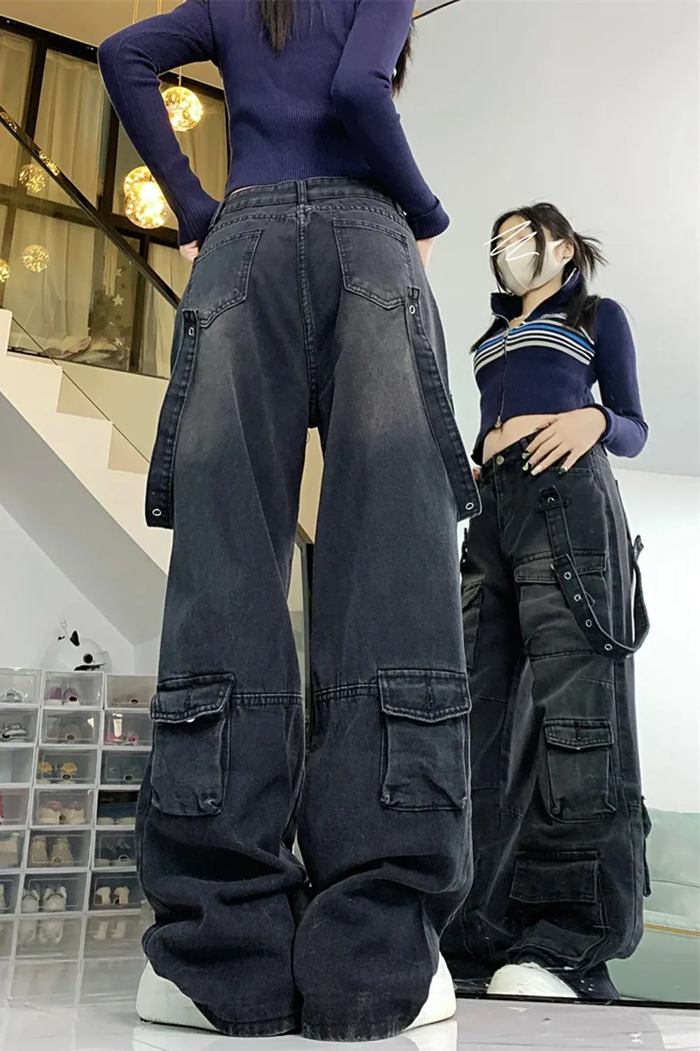 Washed Black Cargo Multi Pockets Long Pants