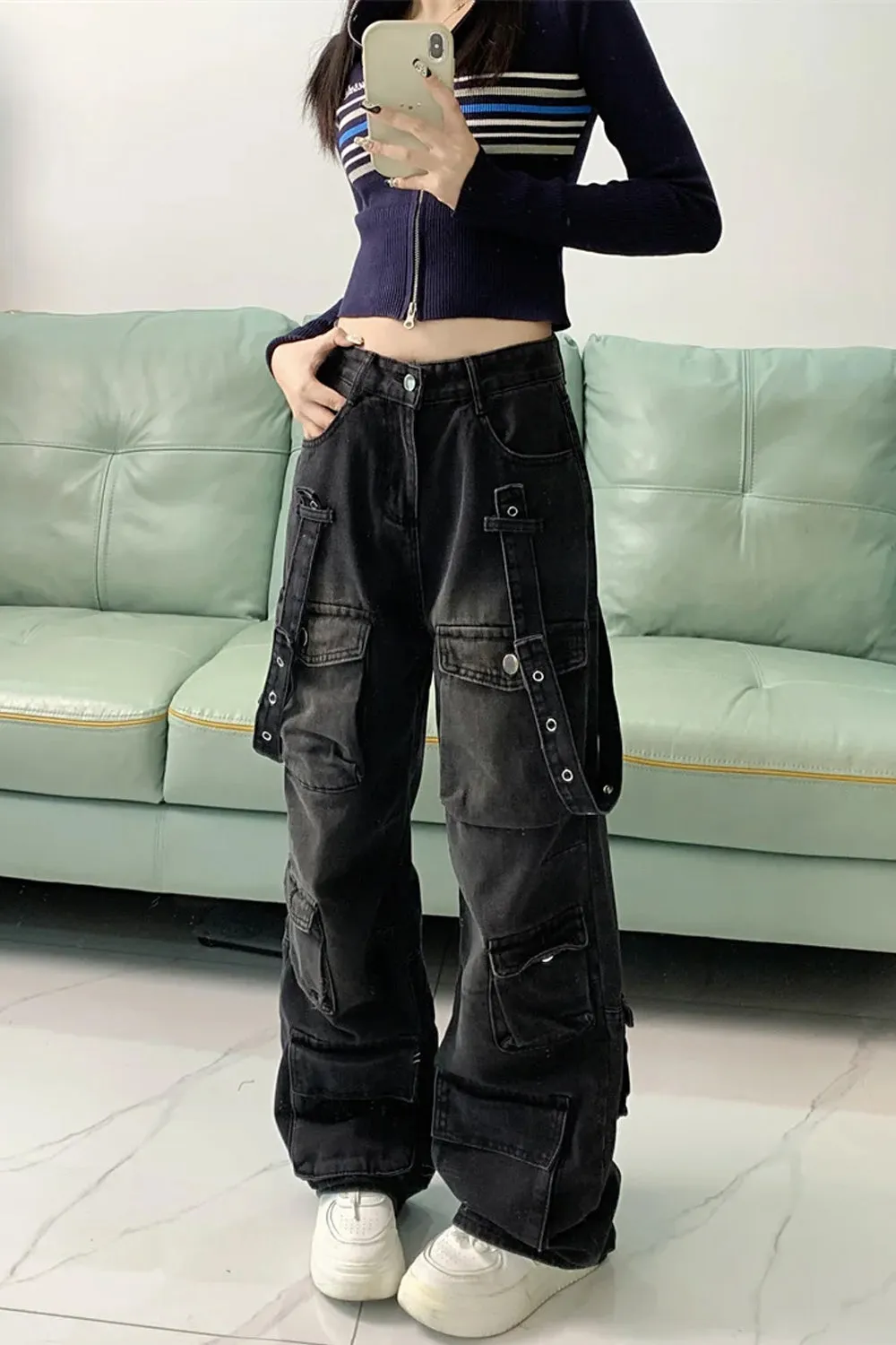 Washed Black Cargo Multi Pockets Long Pants