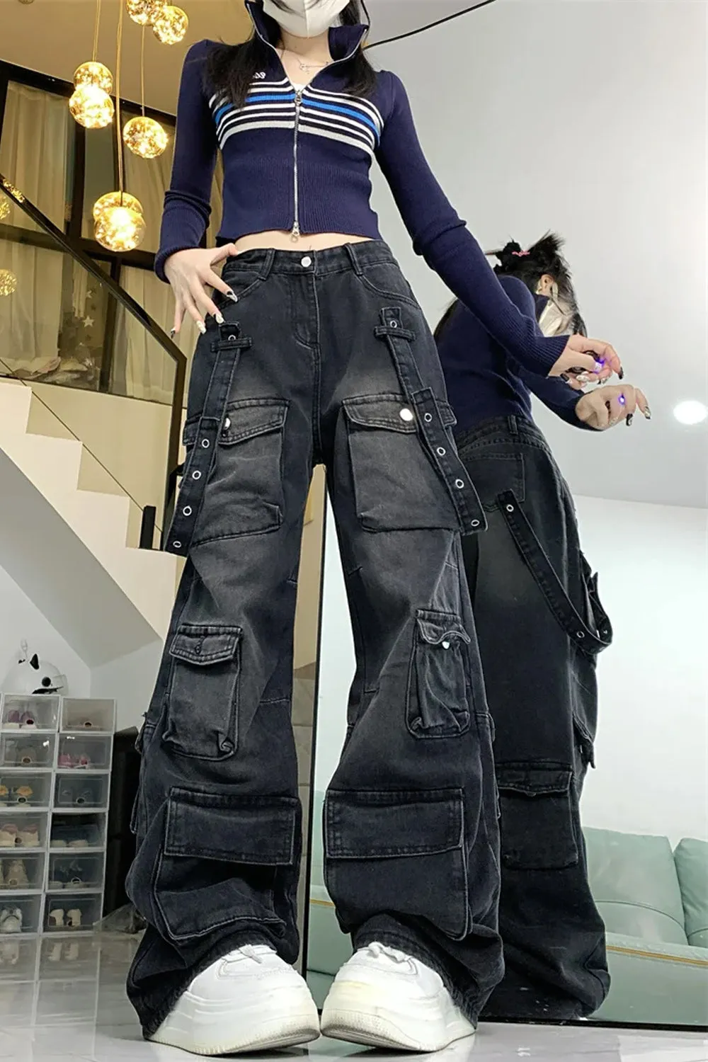 Washed Black Cargo Multi Pockets Long Pants