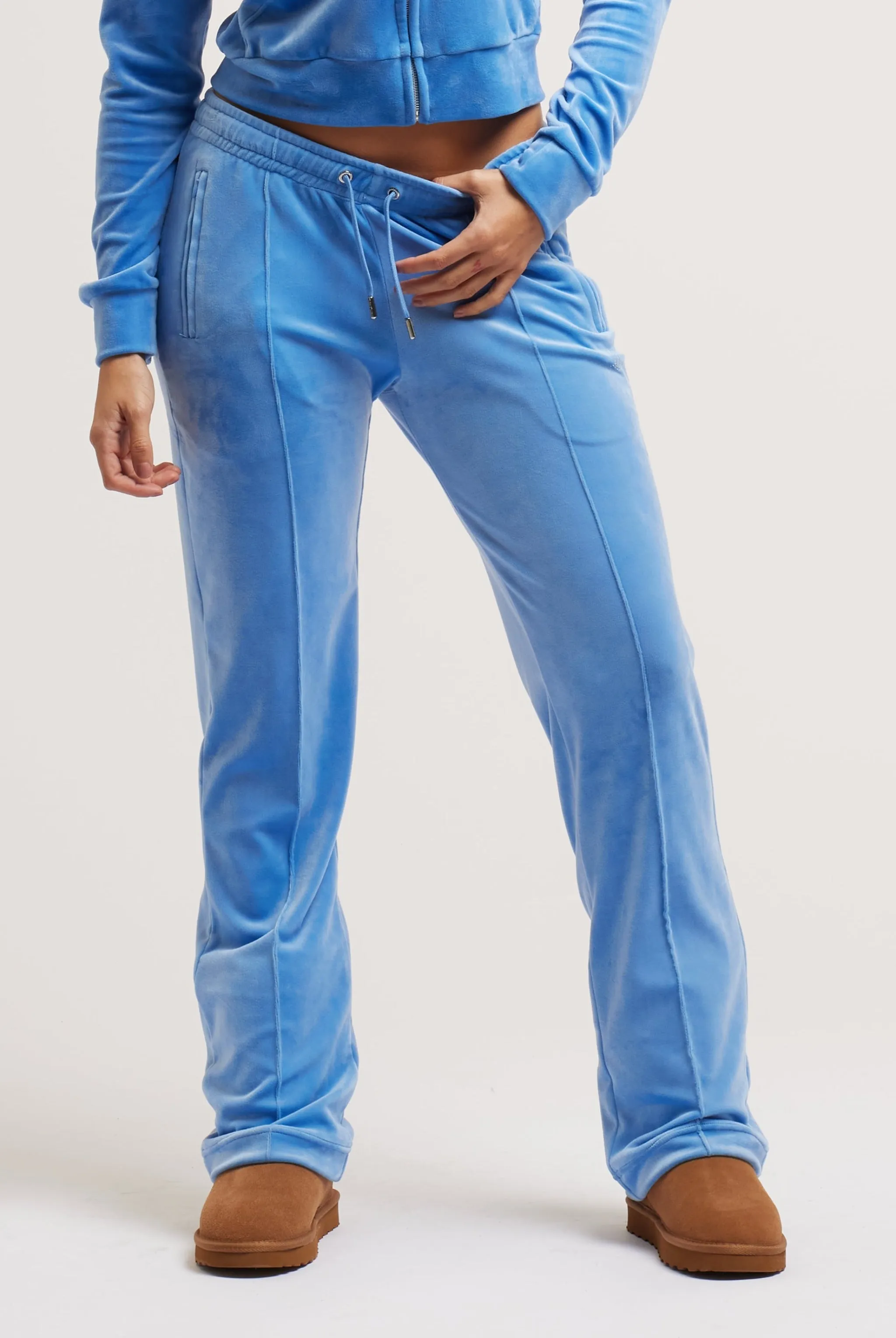 WASHED BLUE DENIM VELOUR DIAMANTE TRACKSUIT BOTTOM