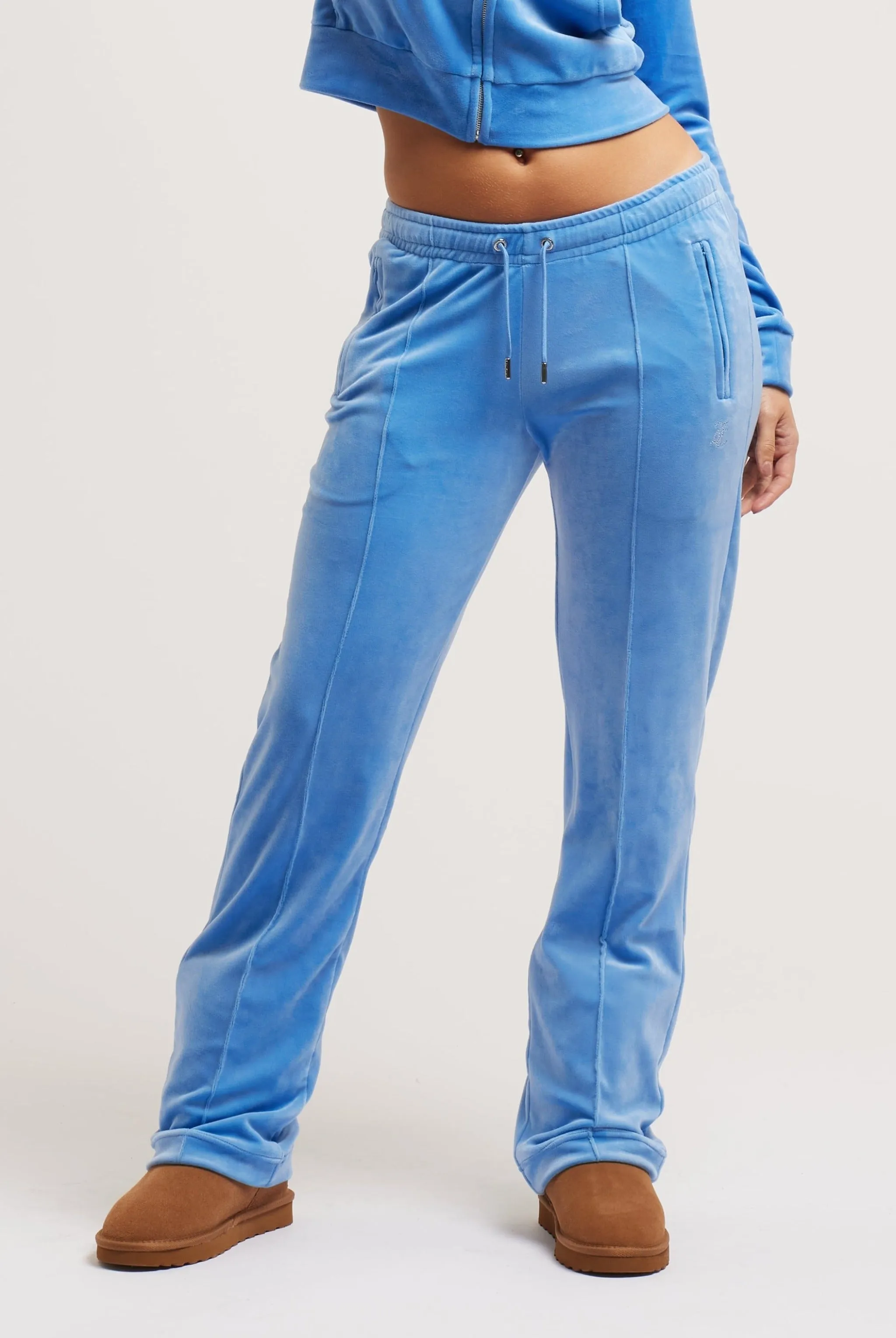 WASHED BLUE DENIM VELOUR DIAMANTE TRACKSUIT BOTTOM