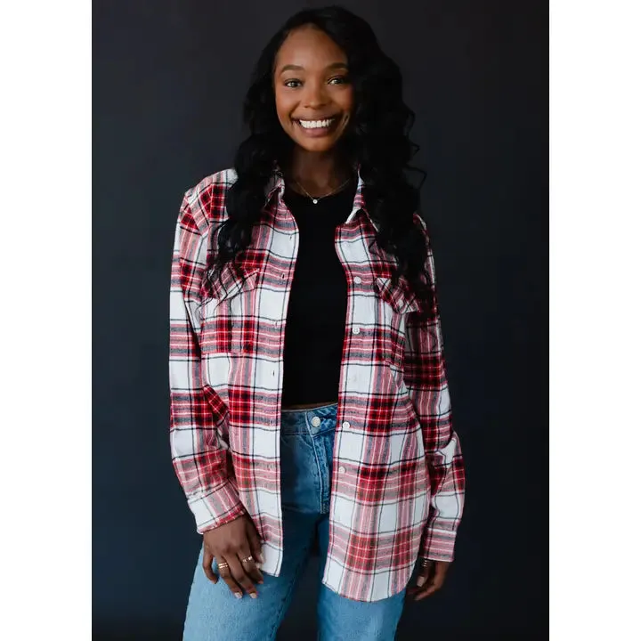 White, Black, and Red Plaid Bleach Dipped Flannel