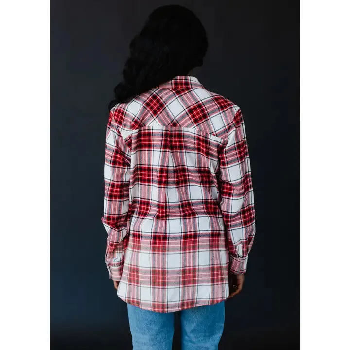White, Black, and Red Plaid Bleach Dipped Flannel