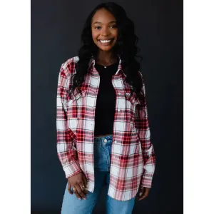 White, Black, and Red Plaid Bleach Dipped Flannel