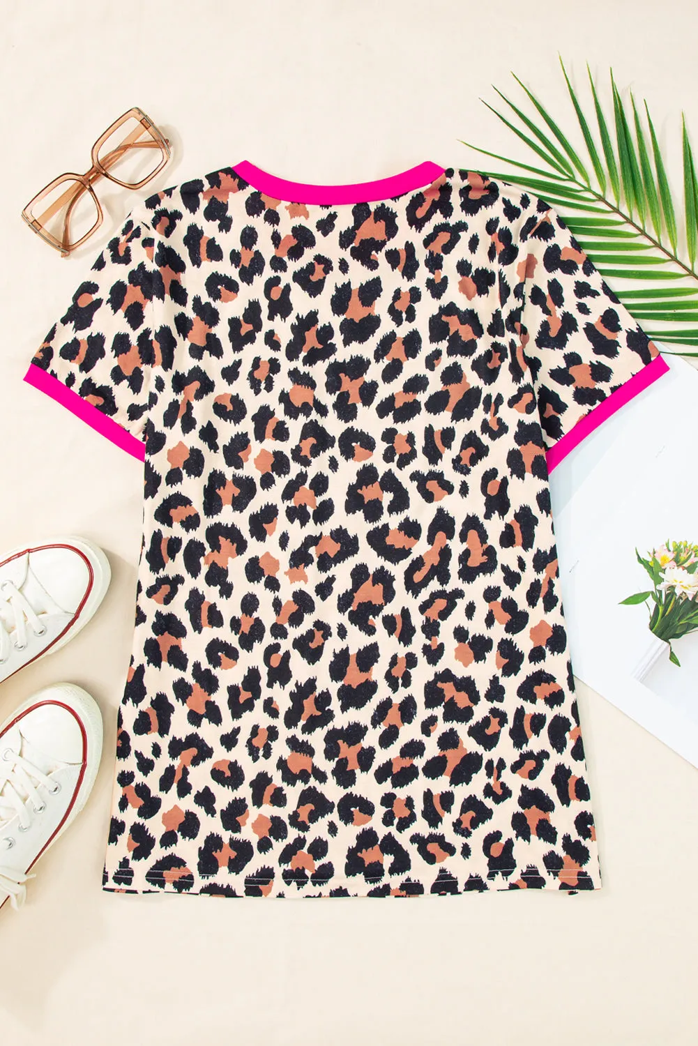 White Contrast Trim Leopard Print T Shirt