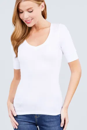 WHITE FITTED ELBOW SLEEVE V NECK TEE