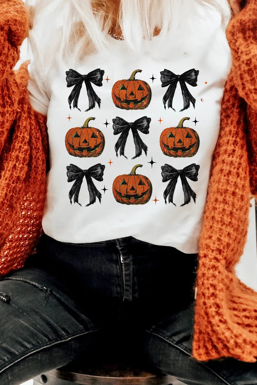 White Halloween Pumpkin Face Bowknot Graphic T Shirt