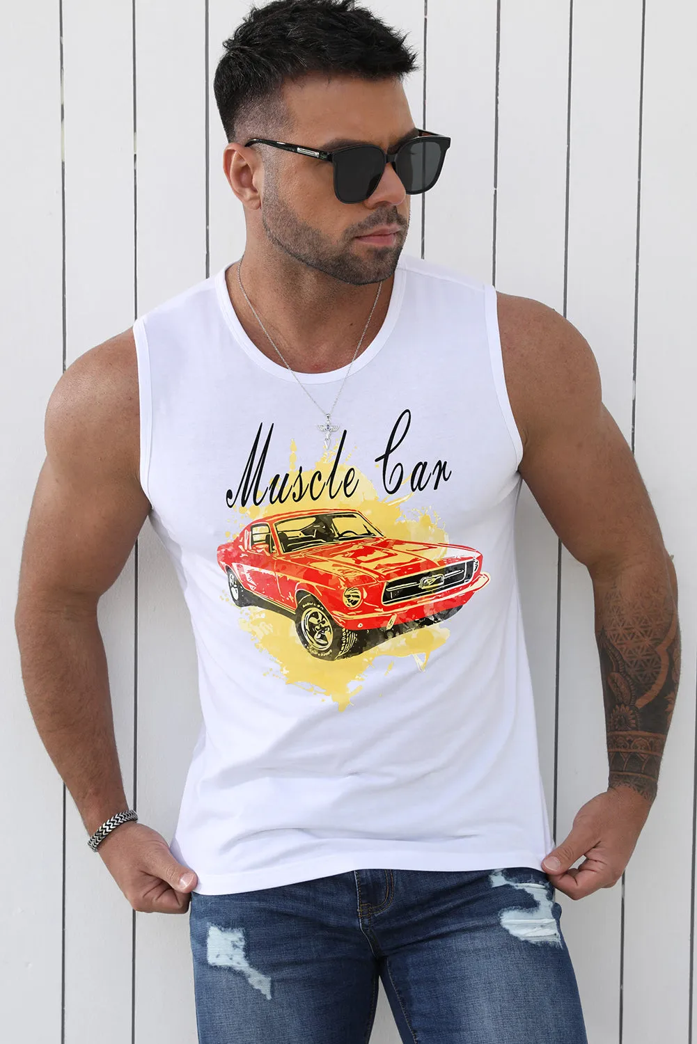 White Muscle Car Mens Graphic Tank Top