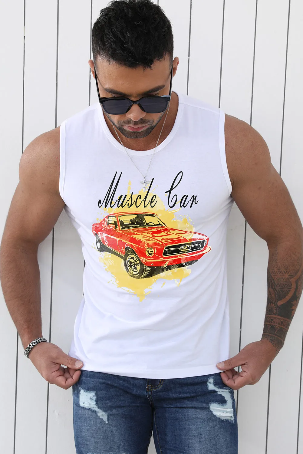 White Muscle Car Mens Graphic Tank Top