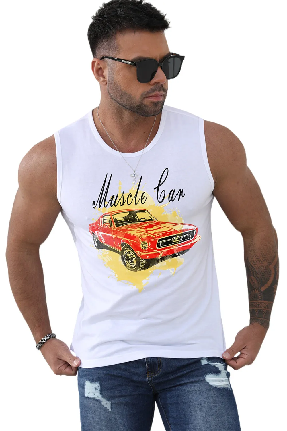 White Muscle Car Mens Graphic Tank Top