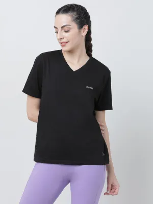 Women Black Solid Tops & T-shirts- RUSH TEE-V_BK