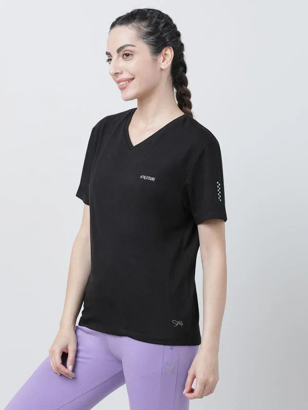 Women Black Solid Tops & T-shirts- RUSH TEE-V_BK