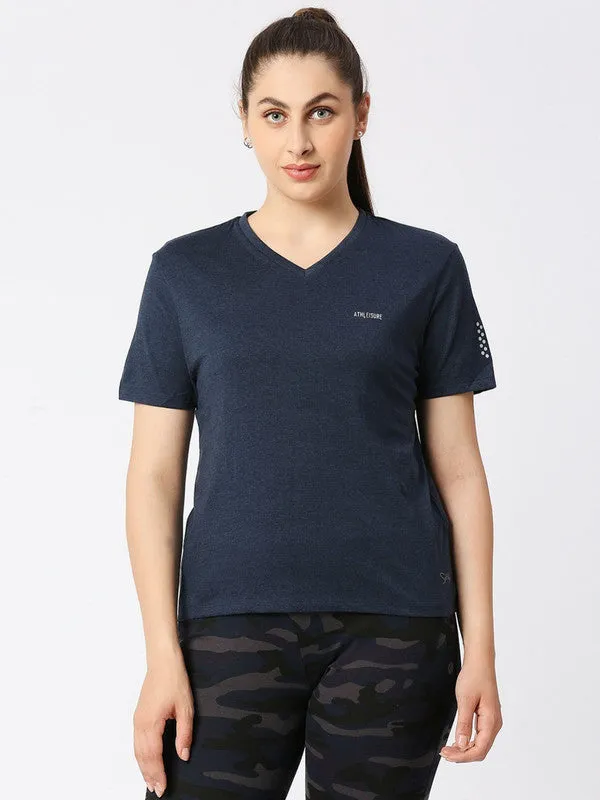 Women Blue Melange Solid Sports Top - Rush Tee-V-BL-ML