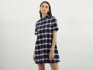 Women Check Shirt Collar Dress