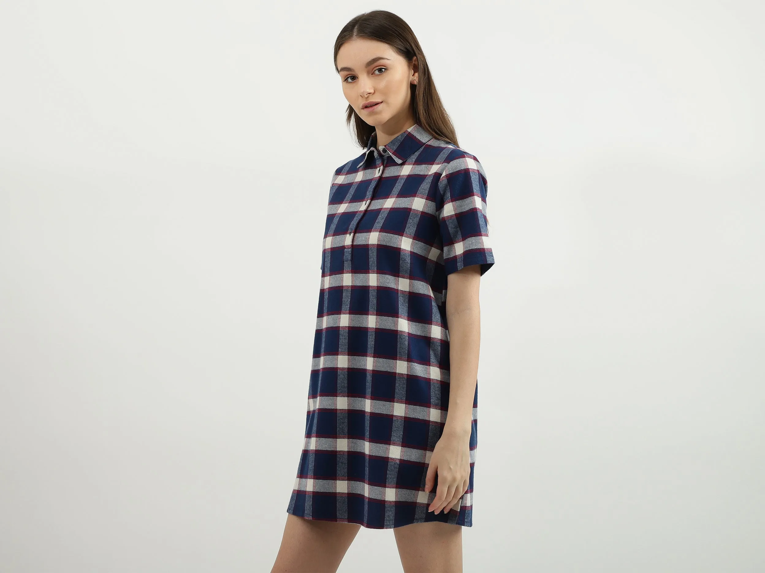 Women Check Shirt Collar Dress