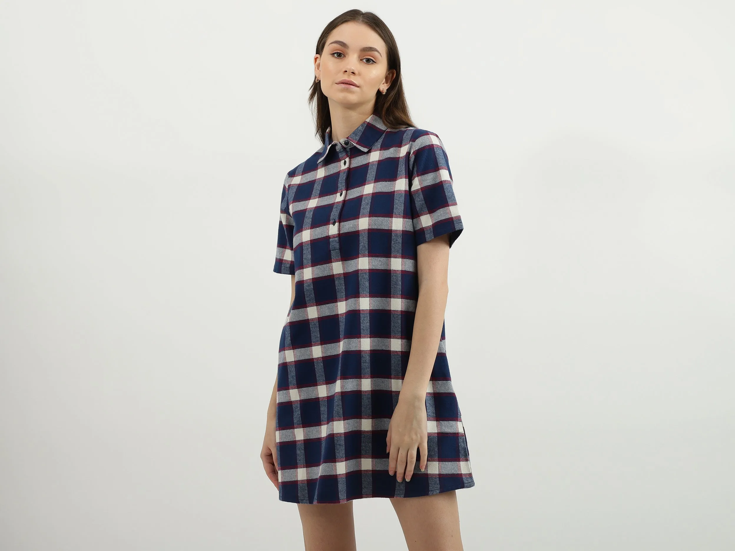 Women Check Shirt Collar Dress