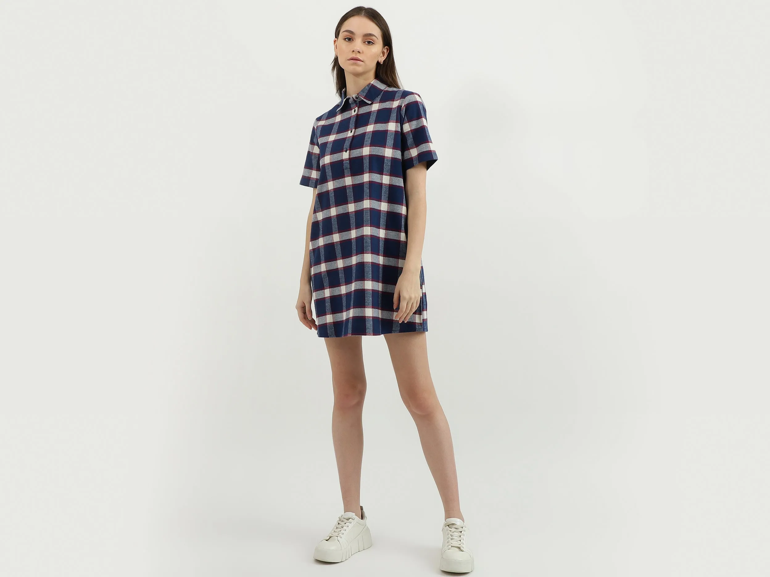 Women Check Shirt Collar Dress