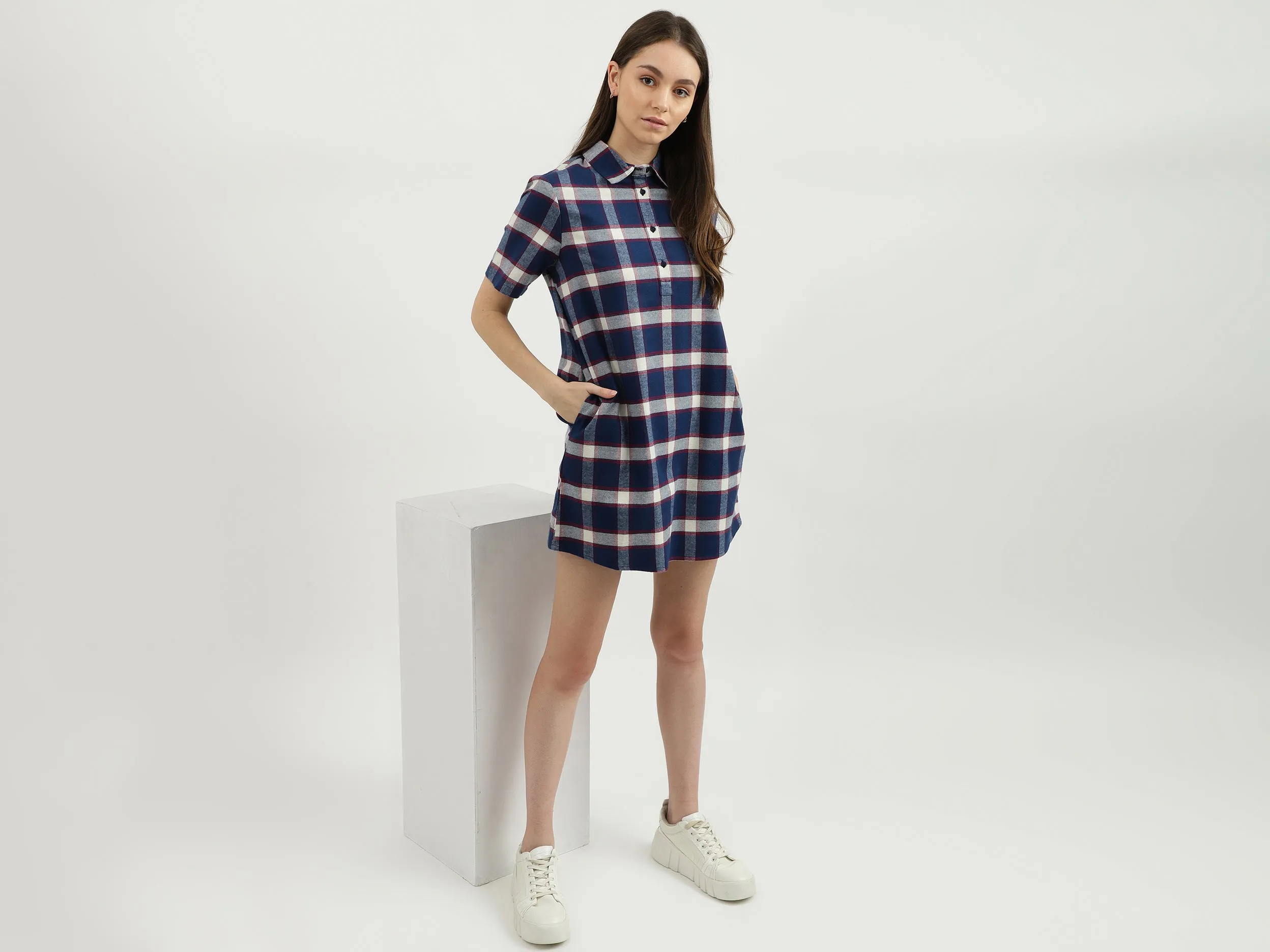 Women Check Shirt Collar Dress