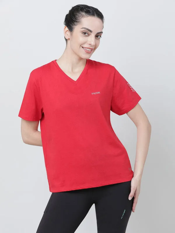 Women Crimson Red Solid Tops & T-shirts- RUSH TEE-V_CR