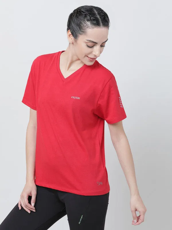 Women Crimson Red Solid Tops & T-shirts- RUSH TEE-V_CR